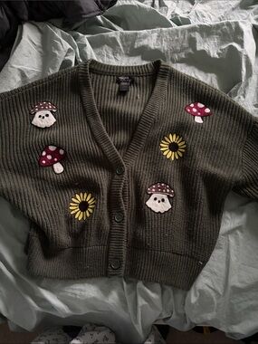 Moss Green Mushroom & Sunflower Embroidered Cardigan Sweater